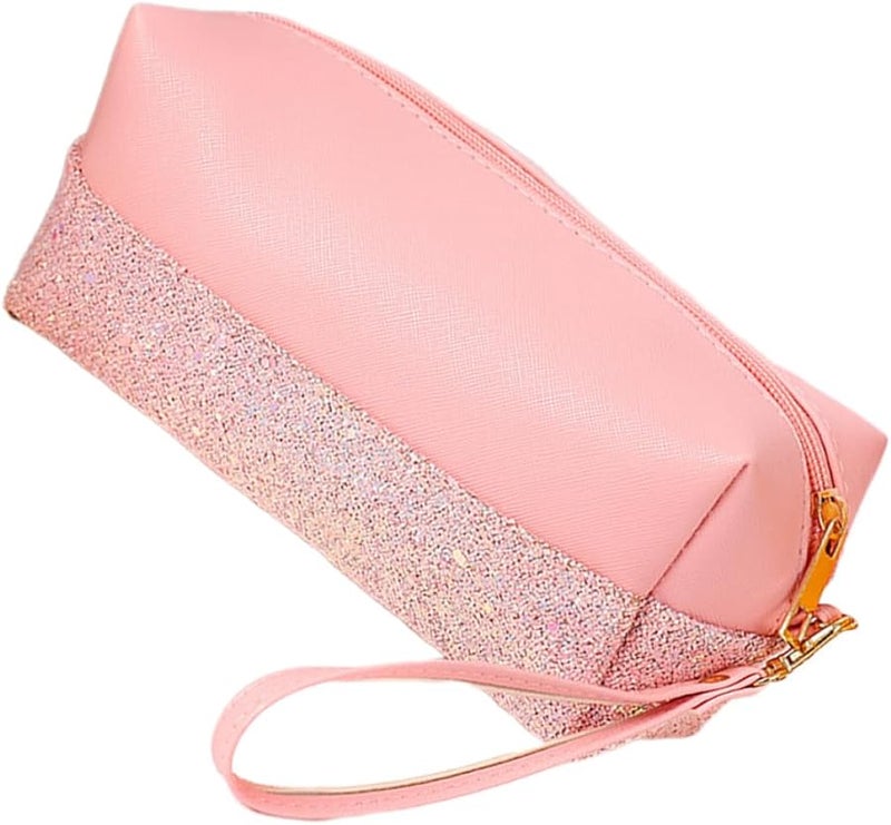 Mini Glitter Cosmetic Bag Portable Travel Toiletry Pouch For Women Pink Pu Leather Zipper Closure - Image 1
