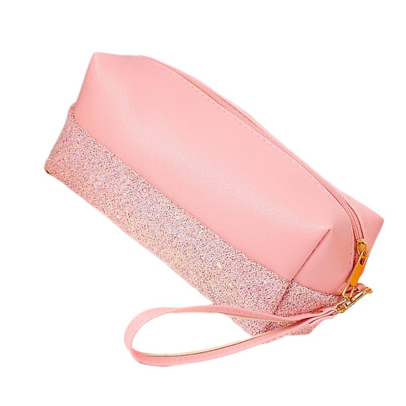 Mini Glitter Cosmetic Bag Portable Travel Toiletry Pouch For Women Pink Pu Leather Zipper Closure - Image 2