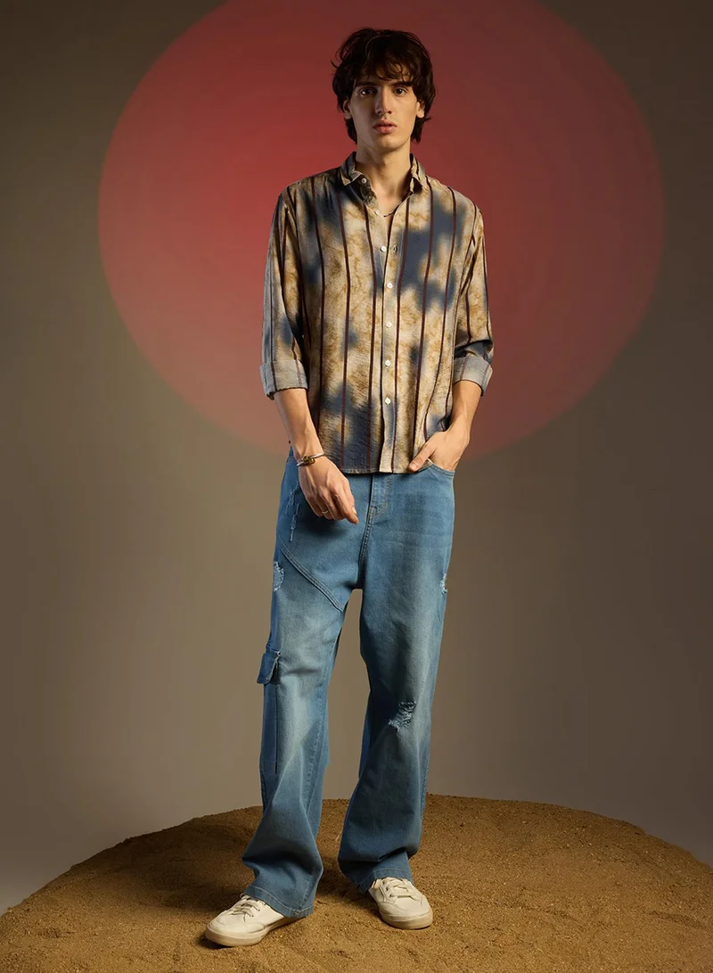 Campus Sutra Men's Navy Blue & Yellow Ochre Tie-Dye Striped Shirt