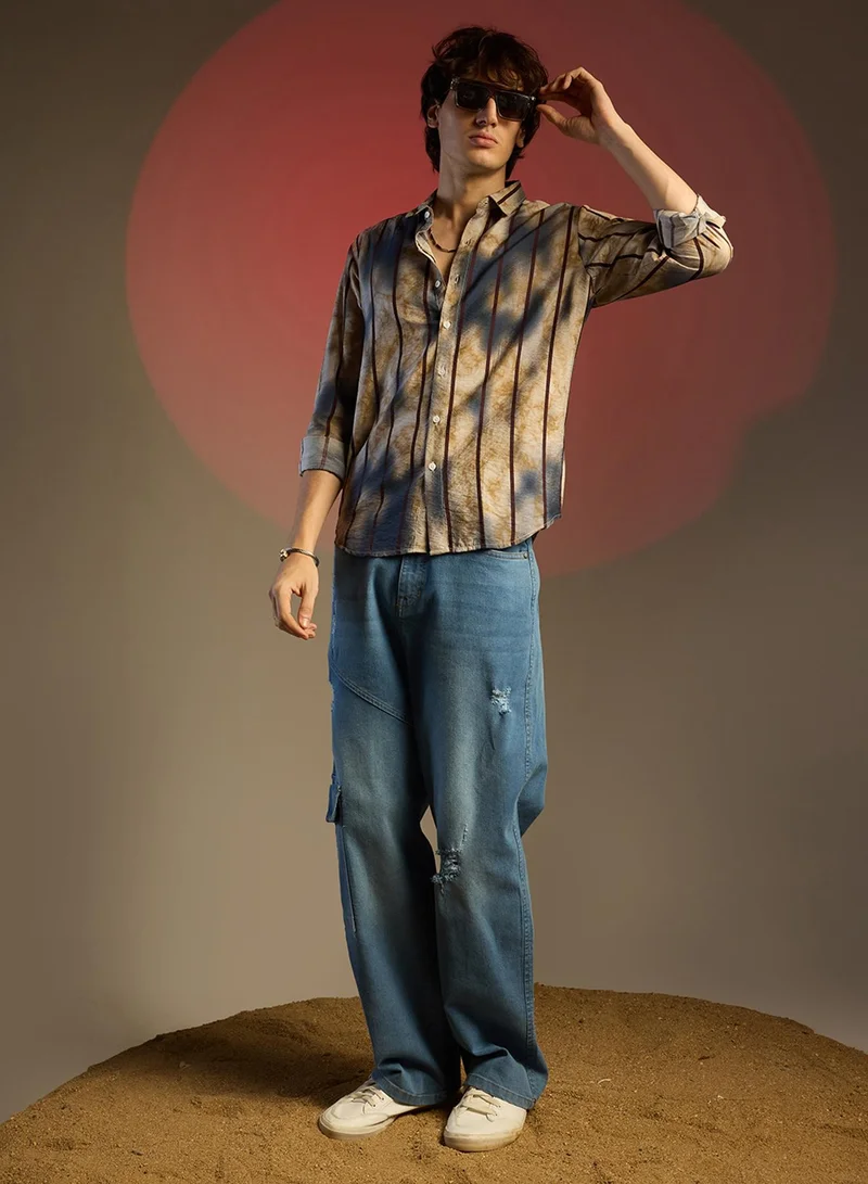 Campus Sutra Men's Navy Blue & Yellow Ochre Tie-Dye Striped Shirt