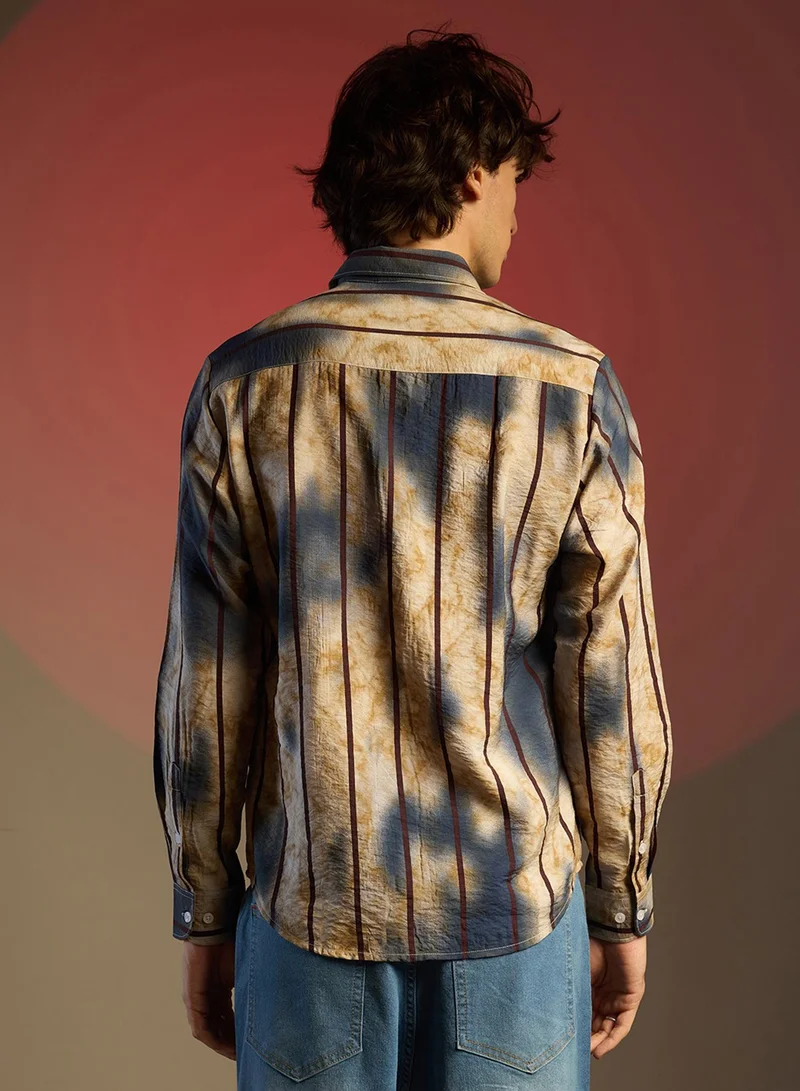 Campus Sutra Men's Navy Blue & Yellow Ochre Tie-Dye Striped Shirt