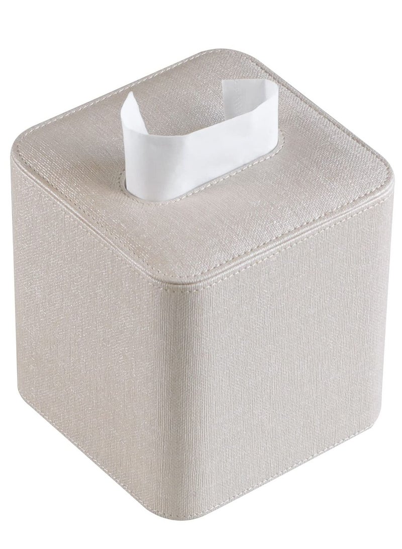 SYOSI Tissue Box Cover Square PU Leather Facial Tissue Box Holder - Magnetic Bottom Rounded Edges for Dresser Bathroom Decor and Home Decor(Beige)  - Image 1