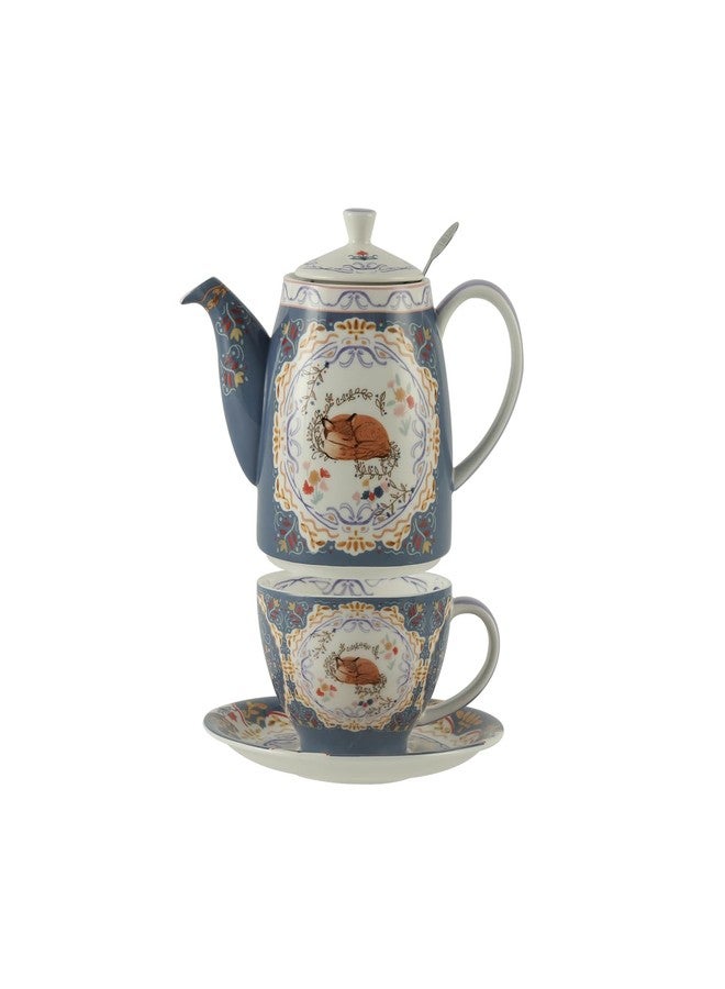 London Pottery Bone China Teapot Set, Afternoon Tea for One, Animal Pattern Teapot Cup and Saucer Set (Fox) - Image 1
