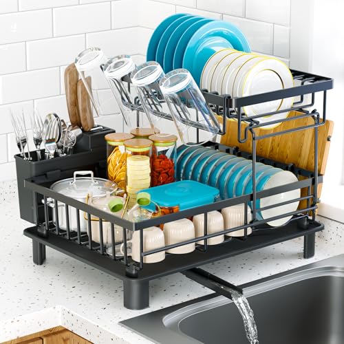 IMXSUMDA Dish Drying Rack 2 Tier Dish Racks for Kitchen Counter Compact Drying Rack Kitchen RustResistant Dish Drainer Detachable SpaceSaving Dish Rack with Drainboard Utensil Holder Black - Image 1