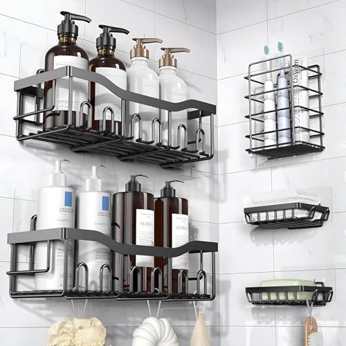 RAYMOX 5 in 1 Self Adhesive Shelf Organizer Combo/Metal Racks and Shelves for Wall/Stand for Bathroom Without Drill/Soap Holder with Tooth Brush Holder/Bathroom Accessories (Black) - Image 1
