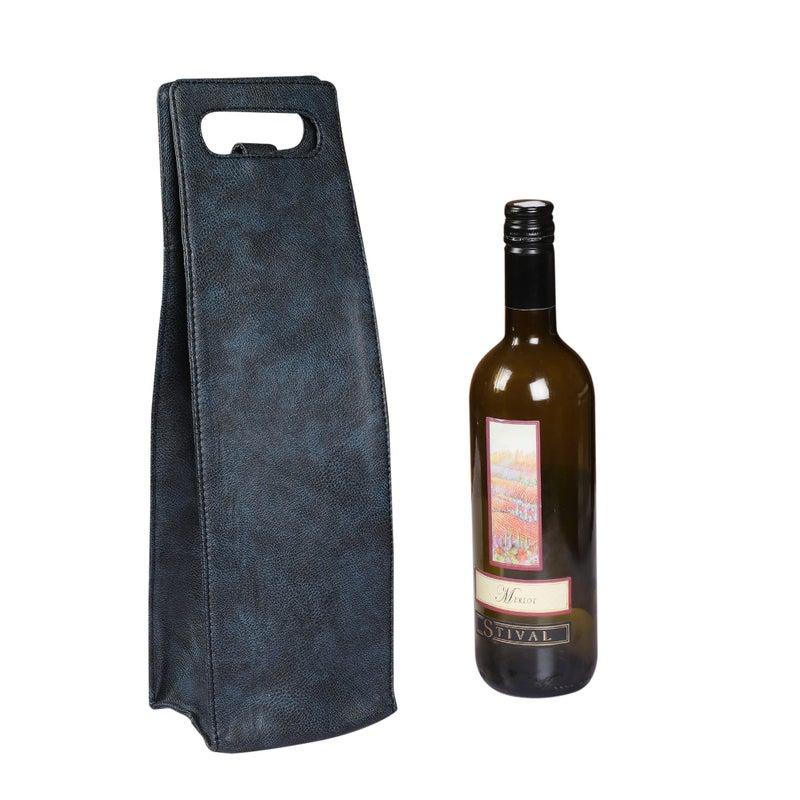 Anything & Everything Faux Vegan Leather Wine Bottle Holder, Hot/Cold Container Cover/Case Bag, Bottle Carry Bag - Blue & Black - Image 5