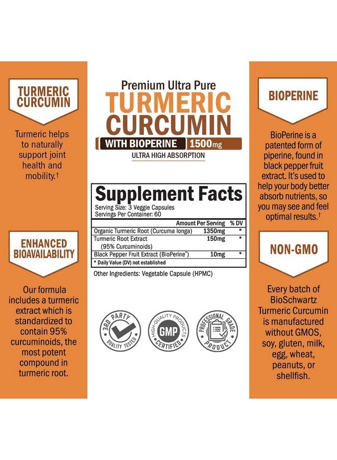 BioSchwartz Turmeric Curcumin With Bioperine 1500Mg Natural Joint Support With 95% Standardized Curcuminoids & Black Pepper Extract For Ultra High Absorption & Potency Non Gmo Gluten Free 180 Capsules - Image 4