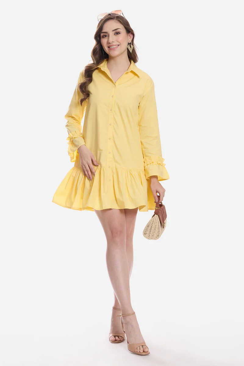 فيرجيو Solid Cotton Ruffle Mini Dress for Women