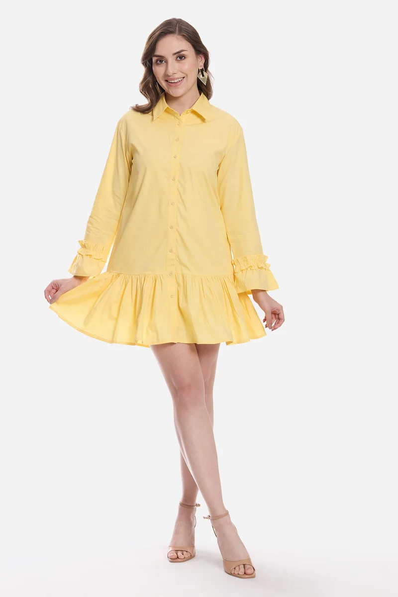 فيرجيو Solid Cotton Ruffle Mini Dress for Women