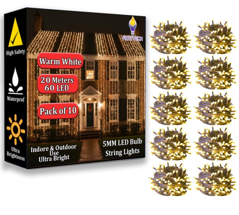 fizzytech 20 Meter 60 LEDs 5MM Decorative String Light | Warm White LED Fairy Light for Diwali, Christmas, Weddings & Home Decoration | Polycarbonate, Pack of 10 (60 LED 5MM WW, Pack of 10) - Image 1