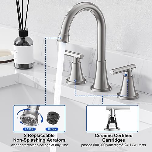 Hurran Bathroom Faucets for Sink 3 Hole, Hurran Brushed Nickel Bathroom Sink Faucet with Pop-up Drain and Supply Lines, Stainless Steel Lead-Free Widespread Faucet for Vanity RV, 2 Pack - Image 4