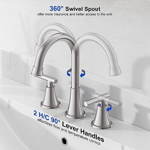 Hurran Bathroom Faucets for Sink 3 Hole, Hurran Brushed Nickel Bathroom Sink Faucet with Pop-up Drain and Supply Lines, Stainless Steel Lead-Free Widespread Faucet for Vanity RV, 2 Pack - Image 3