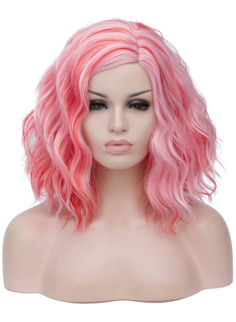 إستيل شعر مستعار قصير مموج مجعد بوب للنساء مقاومة للحرارة باروكة بوب تشمل غطاء شعر مستعار أحمر مزيج وردي - Image 1