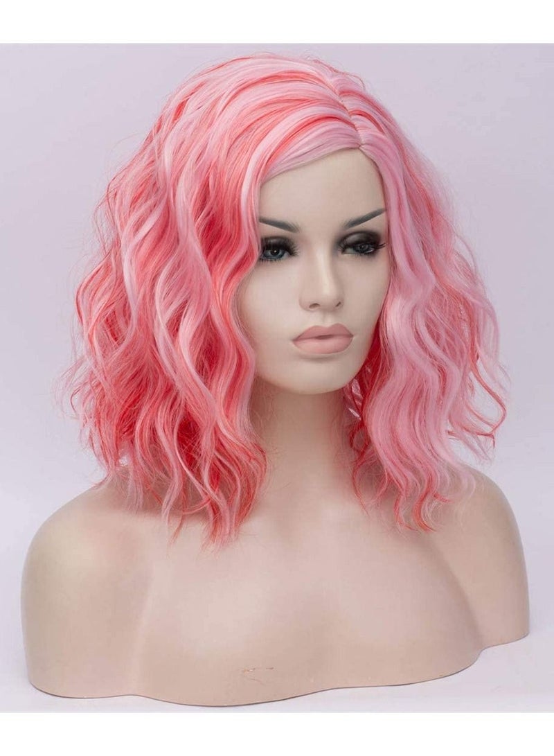 إستيل شعر مستعار قصير مموج مجعد بوب للنساء مقاومة للحرارة باروكة بوب تشمل غطاء شعر مستعار أحمر مزيج وردي - Image 2