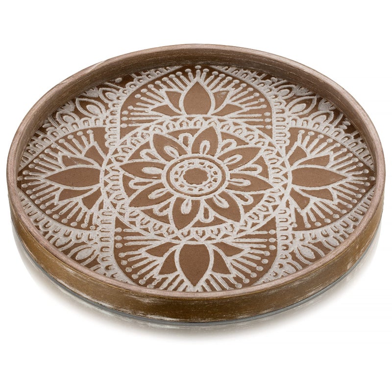 Hanobe Round Wood Decorative Tray Rustic Coffee Table Trays Farmhouse Decor Brown Centerpiece Wooden Serving Trays Rounded Tray for Kitchen Counter Boho Ottoman Home
