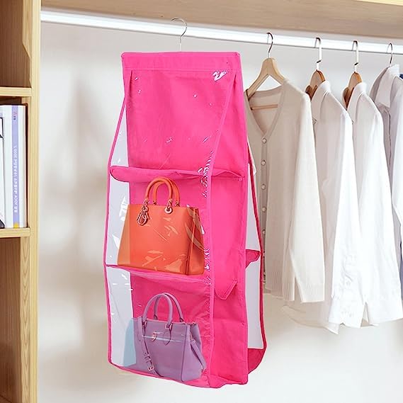 Coolkart 6 Pocket Clear Purse Handbags Organizer Door Closet Shelf Hanging Storage Bag Pink - Image 2