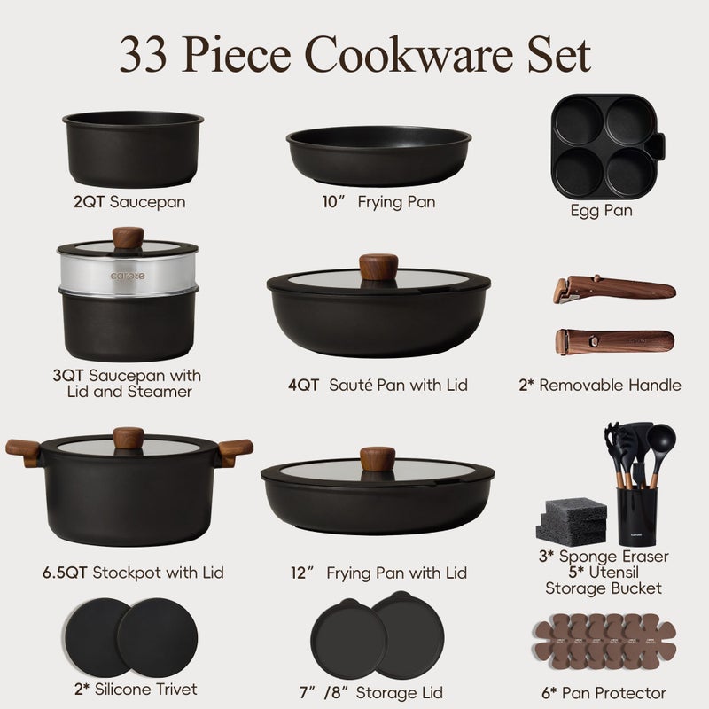 CAROTE 33pcs Pots and Pans Non Stick, Cookware Sets Detachable Handle, Induction Kitchen Pots and Pans,NonStick Cooking Set, Oven/Dishwasher/Fridge Safe, Space Saving - Image 2
