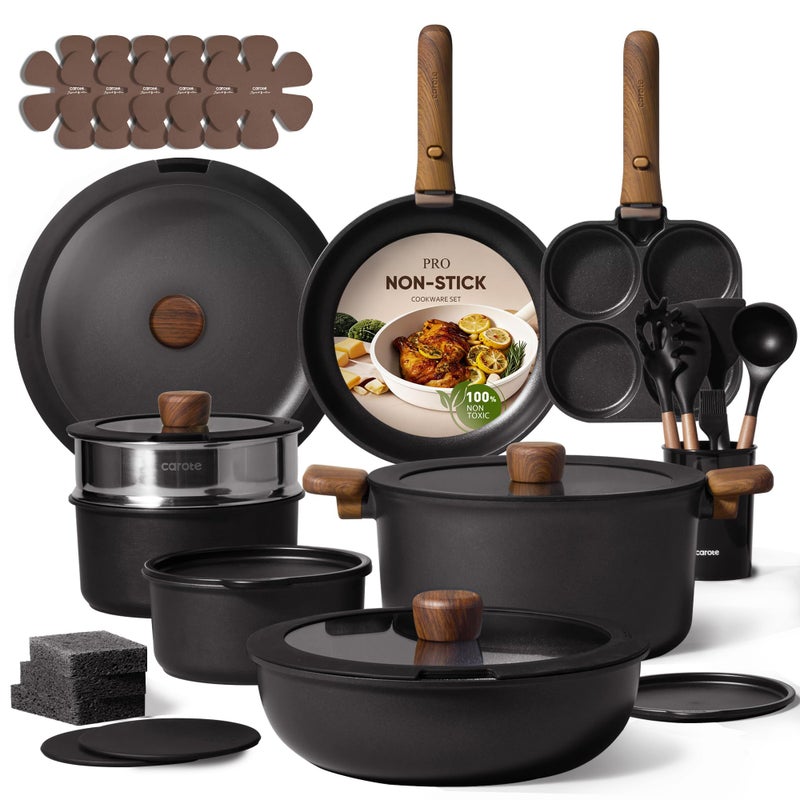CAROTE 33pcs Pots and Pans Non Stick, Cookware Sets Detachable Handle, Induction Kitchen Pots and Pans,NonStick Cooking Set, Oven/Dishwasher/Fridge Safe, Space Saving - Image 1