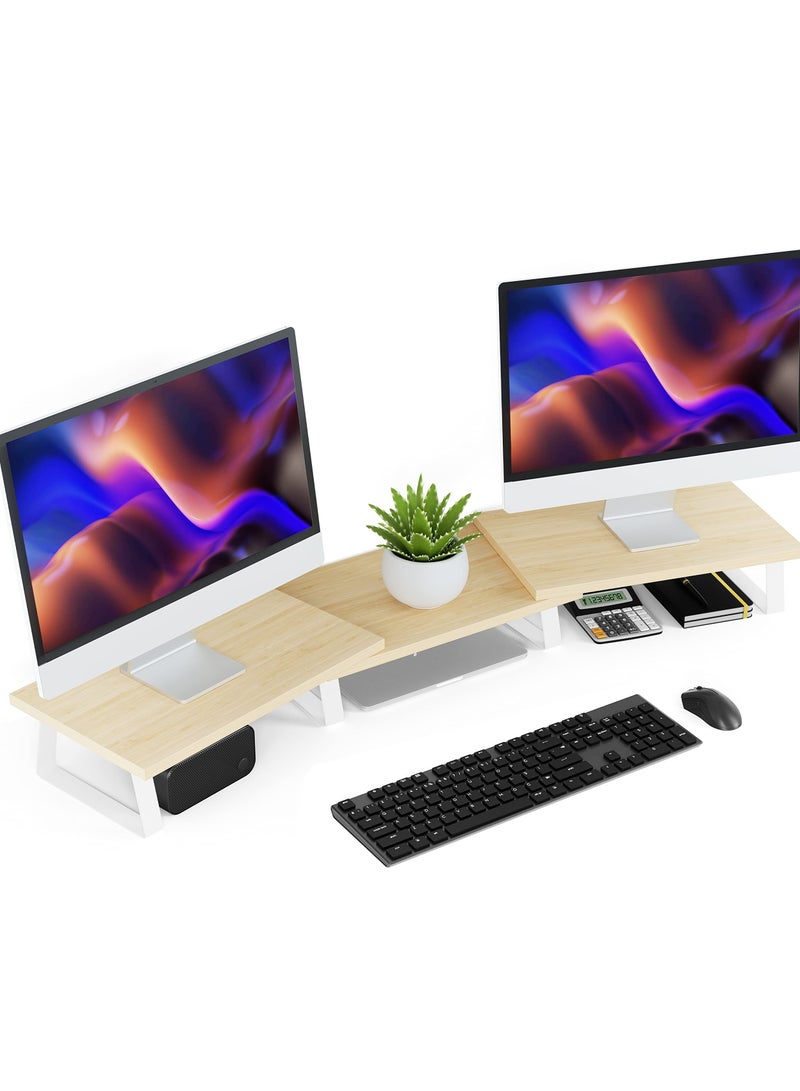 KYD Dual Wooden Monitor Stand 3-Parts Adjustable Bamboo Wood Desktop Organizer for Office/Home, Multi-Functional Shelf with Small Plant Decor, Ergonomic Workspace Efficiency Booster - Image 1