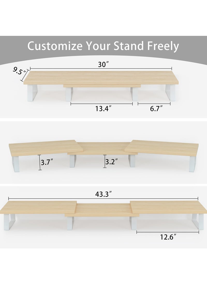 KYD Dual Wooden Monitor Stand 3-Parts Adjustable Bamboo Wood Desktop Organizer for Office/Home, Multi-Functional Shelf with Small Plant Decor, Ergonomic Workspace Efficiency Booster - Image 2