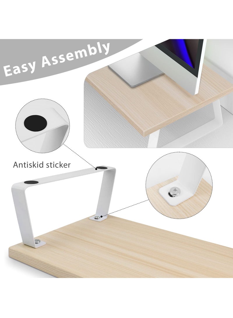 KYD Dual Wooden Monitor Stand 3-Parts Adjustable Bamboo Wood Desktop Organizer for Office/Home, Multi-Functional Shelf with Small Plant Decor, Ergonomic Workspace Efficiency Booster - Image 3