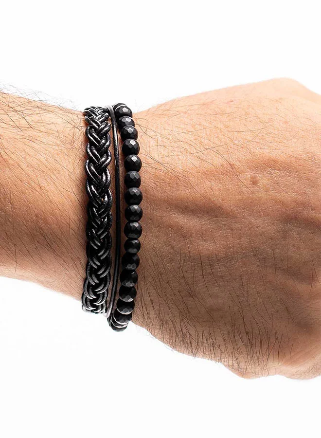 CHRYSOSTOMOS Handmade Double Leather Bracelet with Black Onyx Stones, Black Leather Braid, and Thin Leather Strap