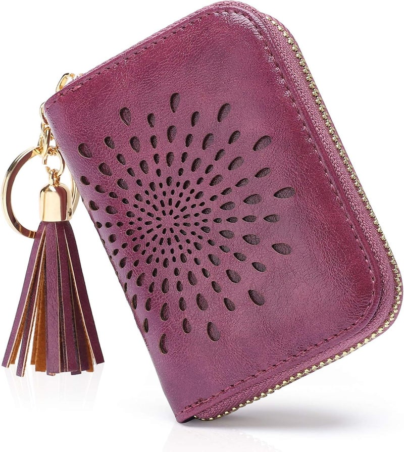 APHISON RFID Credit Card Holder Zipper Card Case Keychain Small Wallet for Women 1927 PURPLISH-RED - Image 1