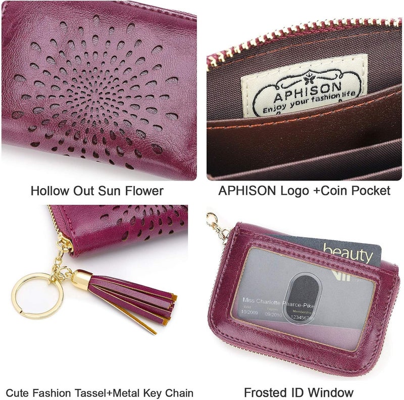 APHISON RFID Credit Card Holder Zipper Card Case Keychain Small Wallet for Women 1927 PURPLISH-RED - Image 4