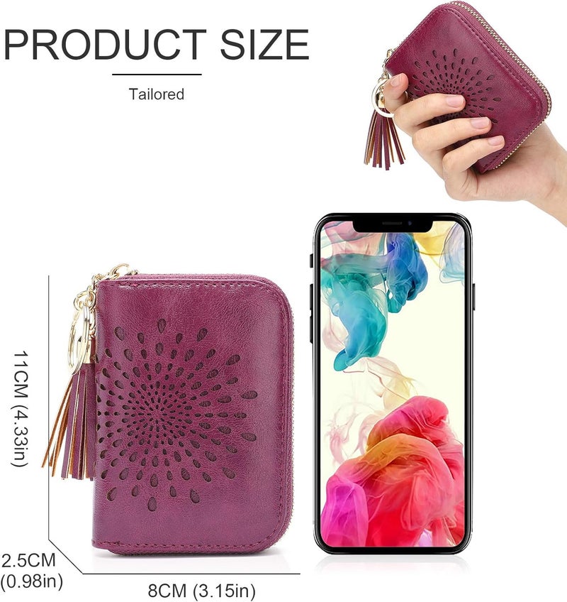 APHISON RFID Credit Card Holder Zipper Card Case Keychain Small Wallet for Women 1927 PURPLISH-RED - Image 5