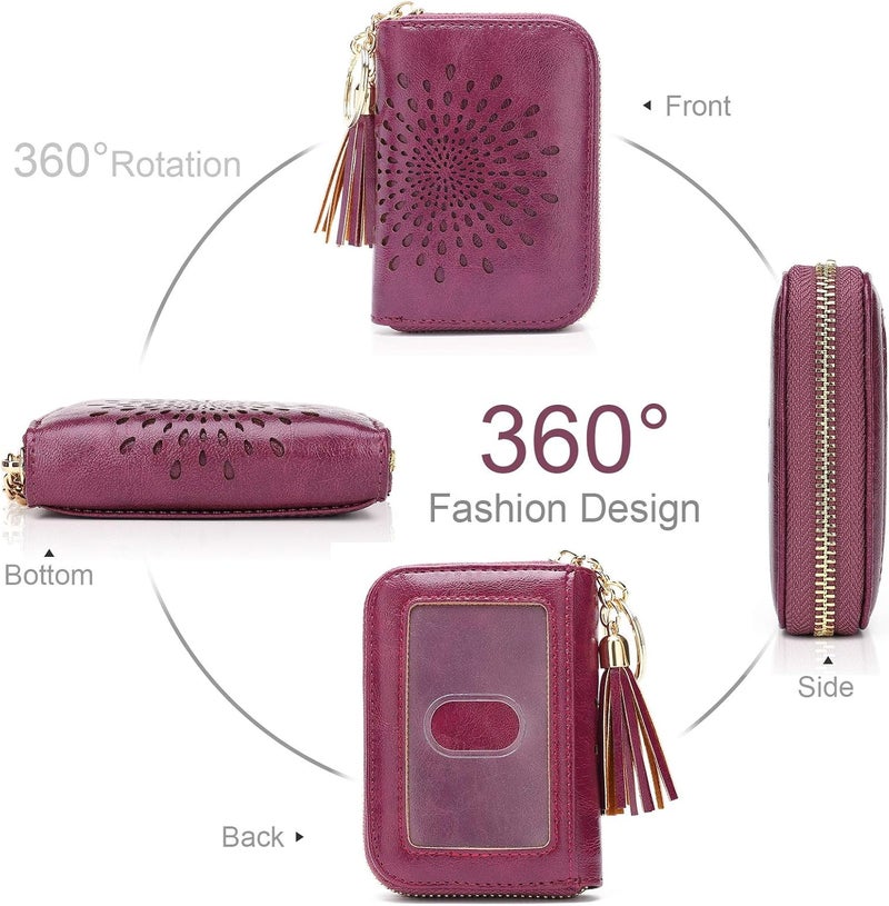 APHISON RFID Credit Card Holder Zipper Card Case Keychain Small Wallet for Women 1927 PURPLISH-RED - Image 2