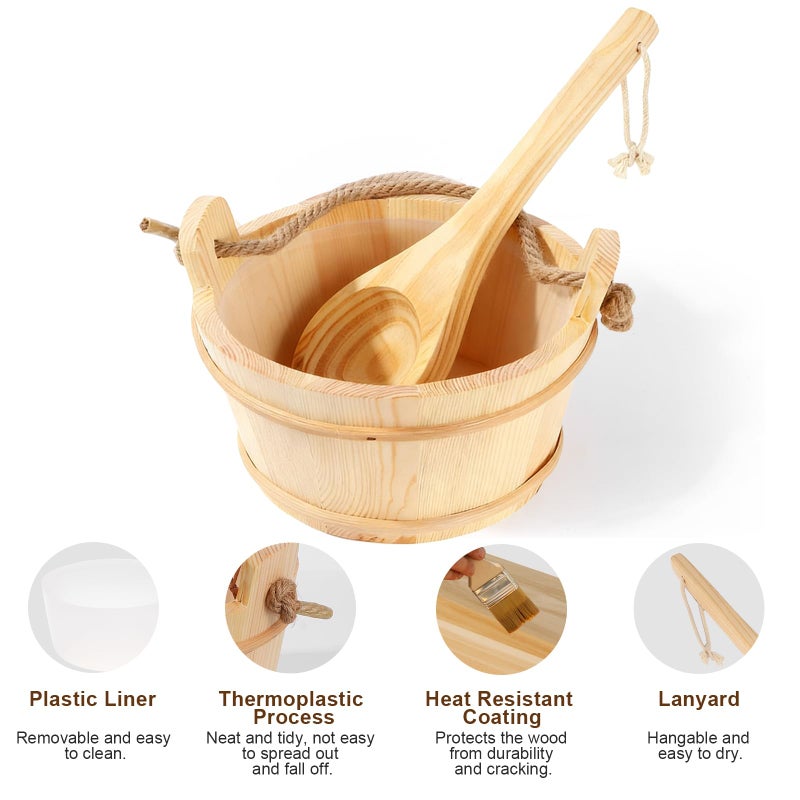 BAYISAM Wooden Sauna Bucket and Ladle Set, Handmade from Natural Pine with Rope Handle, 4L - Image 5