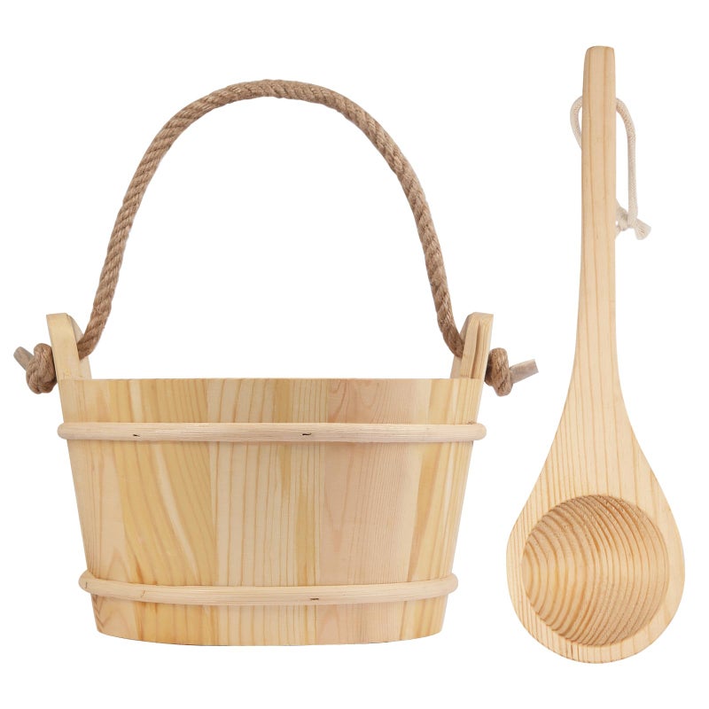 BAYISAM Wooden Sauna Bucket and Ladle Set, Handmade from Natural Pine with Rope Handle, 4L - Image 1