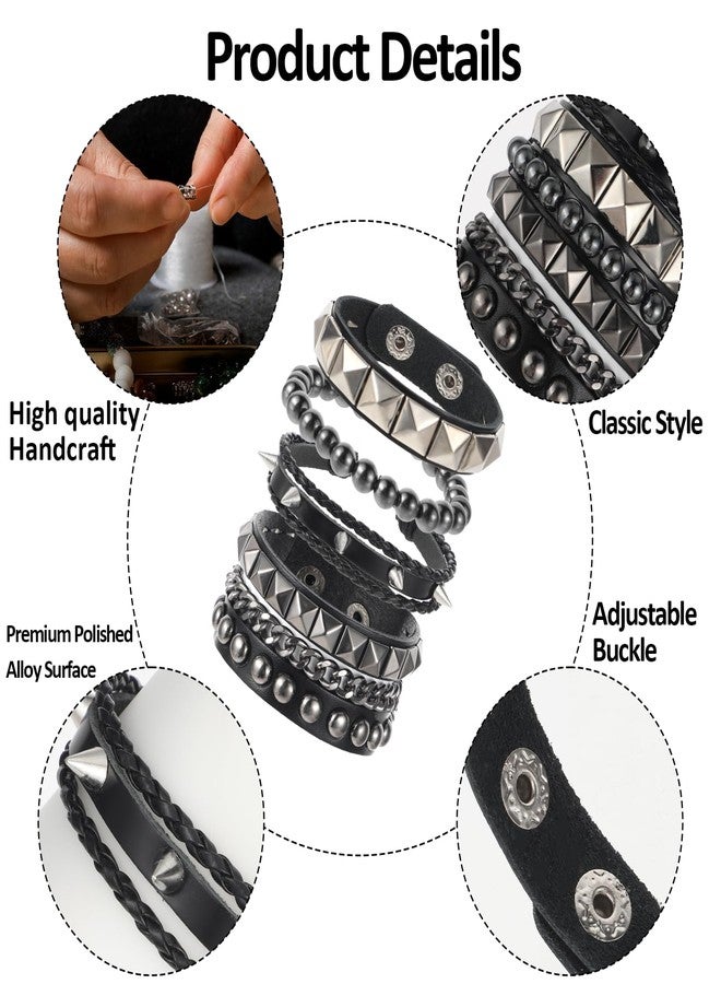 JIYIN 4 Pcs Leather Rock Studded Bracelets, Punk PU Leather Spike Bracelet for Men Women, Leather Cuff Bracelet 80s Wristband Set Adjustable Emo Punk Accessories Grunge Bracelet for Men Women - Image 3