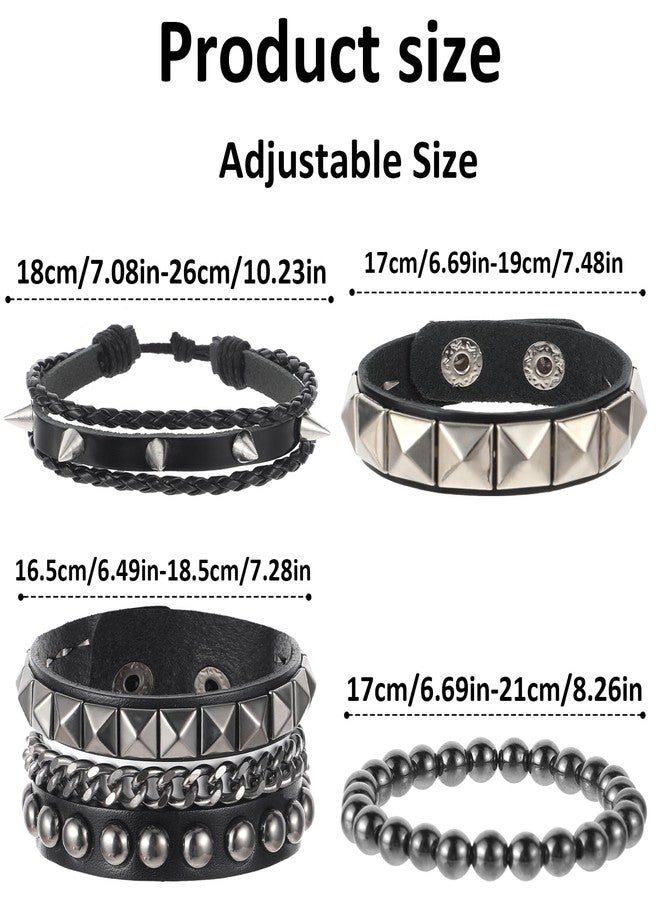 JIYIN 4 Pcs Leather Rock Studded Bracelets, Punk PU Leather Spike Bracelet for Men Women, Leather Cuff Bracelet 80s Wristband Set Adjustable Emo Punk Accessories Grunge Bracelet for Men Women - Image 2