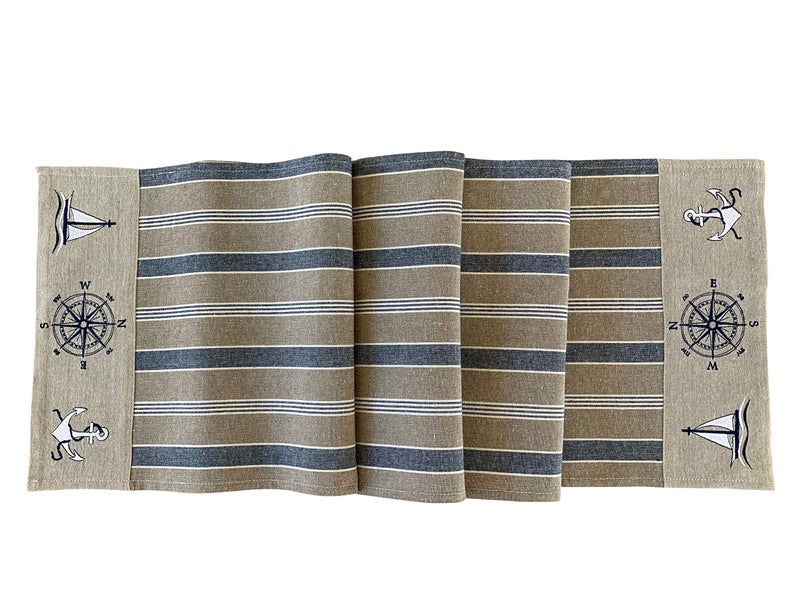 Eight Owls Nautical Table Runner - Cotton Decorative Embroidered Design - Natural  Navy Blue and White - Boat Compass Anchor (72 Inch) - Image 1