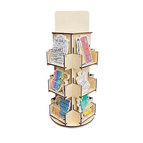 Rotating Display Stand 3 Tier Wooden Organizer 4Sided Display Rack 360 degree Spinning MultiPocket Tabletop Display Stand for Coasters Stickers Retail Showcase Tradeshow 17H Natural