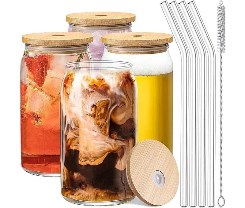 PPS TRADING Drinking Glasses with Bamboo Lids and Glass Straw 4pcs Set - 16oz Glass Cups, Iced Coffee Glasses, Cute iced Tea Glasses,Ideal for Coffee Bar Accessories, Aesthetic Gift - Image 1