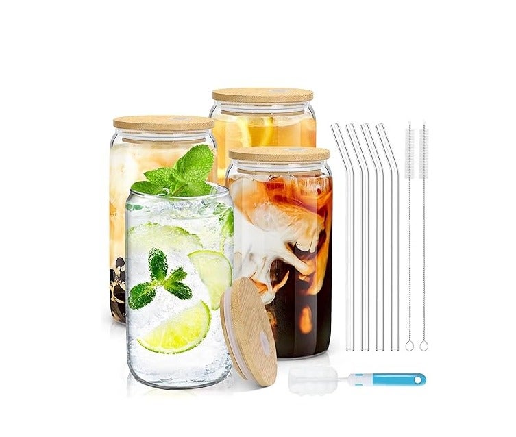 PPS TRADING Drinking Glasses with Bamboo Lids and Glass Straw 4pcs Set - 16oz Glass Cups, Iced Coffee Glasses, Cute iced Tea Glasses,Ideal for Coffee Bar Accessories, Aesthetic Gift - Image 2