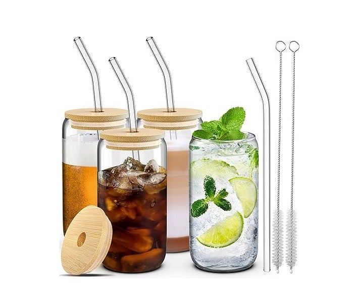 PPS TRADING Drinking Glasses with Bamboo Lids and Glass Straw 4pcs Set - 16oz Glass Cups, Iced Coffee Glasses, Cute iced Tea Glasses,Ideal for Coffee Bar Accessories, Aesthetic Gift - Image 3