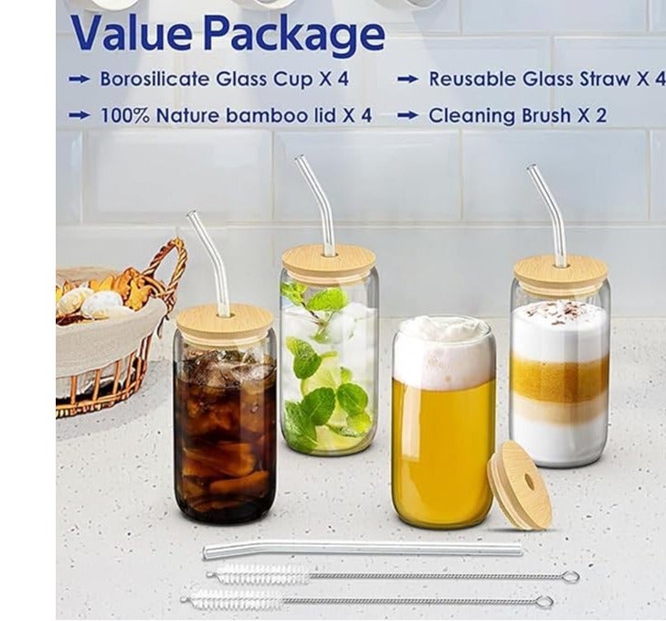 PPS TRADING Drinking Glasses with Bamboo Lids and Glass Straw 4pcs Set - 16oz Glass Cups, Iced Coffee Glasses, Cute iced Tea Glasses,Ideal for Coffee Bar Accessories, Aesthetic Gift - Image 4