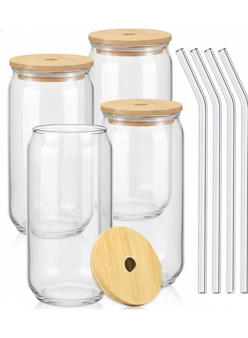 PPS TRADING Drinking Glasses with Bamboo Lids and Glass Straw 4pcs Set - 16oz Glass Cups, Iced Coffee Glasses, Cute iced Tea Glasses,Ideal for Coffee Bar Accessories, Aesthetic Gift - Image 1