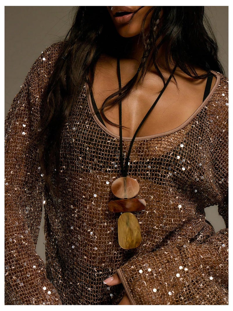 MakeMeChic Women's Sequin Crochet Sheer T Shirt Swimsuit Cover Up Beach Hollow Out Long Sleeve Tops Brown Small - Image 4