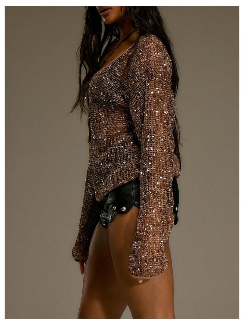 MakeMeChic Women's Sequin Crochet Sheer T Shirt Swimsuit Cover Up Beach Hollow Out Long Sleeve Tops Brown Small - Image 2