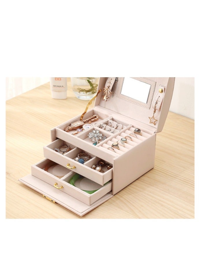عام صندوق منظم المجوهرات 3 طبقات عالي الجودة مع قفل ومرآة ، أدراج جلد PU ، أقراط مسمار ، أقراط ، تخزين مجوهرات - Image 2