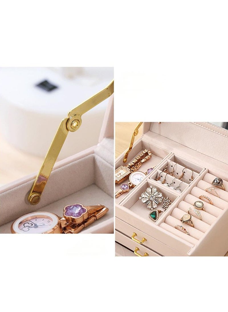 عام صندوق منظم المجوهرات 3 طبقات عالي الجودة مع قفل ومرآة ، أدراج جلد PU ، أقراط مسمار ، أقراط ، تخزين مجوهرات - Image 4