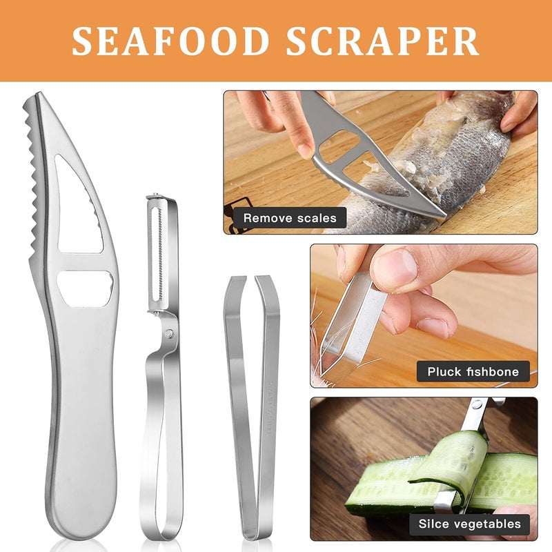 Worldity 7 Pieces Fish Scaler Brush Remover with Gray Mitten, Stainless Steel Sawtooth Remover Removing Peeler Cleaning Tool Fish Shape Tweezers for Fish Scales Removing Peeling - Image 4