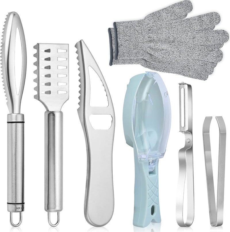 Worldity 7 Pieces Fish Scaler Brush Remover with Gray Mitten, Stainless Steel Sawtooth Remover Removing Peeler Cleaning Tool Fish Shape Tweezers for Fish Scales Removing Peeling - Image 1