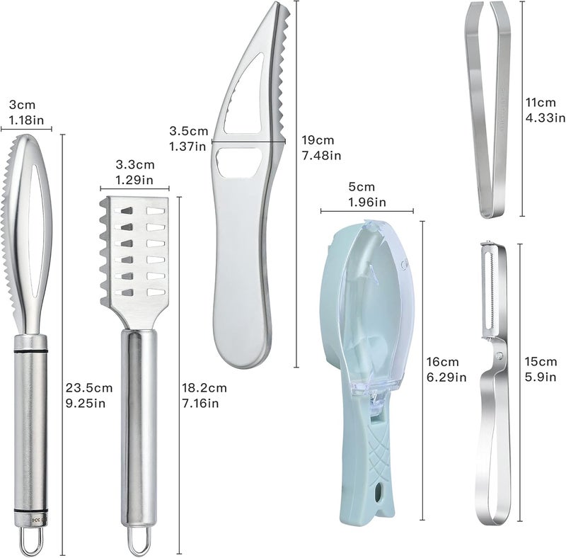 Worldity 7 Pieces Fish Scaler Brush Remover with Gray Mitten, Stainless Steel Sawtooth Remover Removing Peeler Cleaning Tool Fish Shape Tweezers for Fish Scales Removing Peeling - Image 2