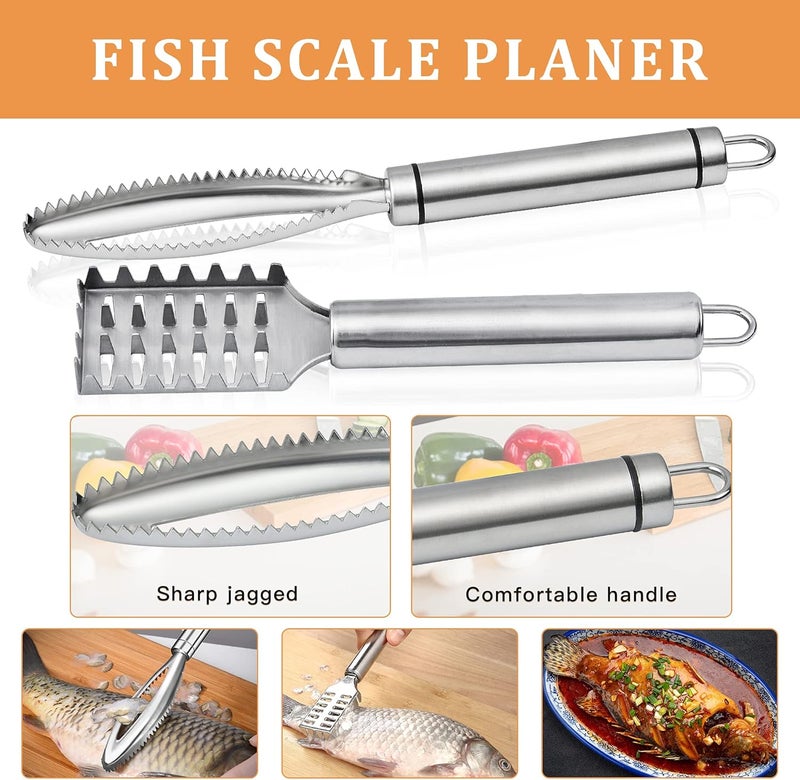 Worldity 7 Pieces Fish Scaler Brush Remover with Gray Mitten, Stainless Steel Sawtooth Remover Removing Peeler Cleaning Tool Fish Shape Tweezers for Fish Scales Removing Peeling - Image 3