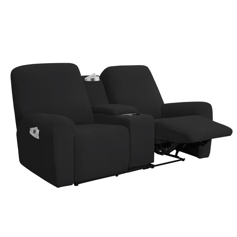 EasyGoing Stretch Recliner Loveseat Cover with Center Console Sofa Slipcover Soft Fitted Fleece 2 Seats Couch with Holder and Storage Washable Furniture Protector Black